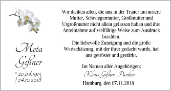 Traueranzeige von Meta Geßner von Nordwest-Zeitung