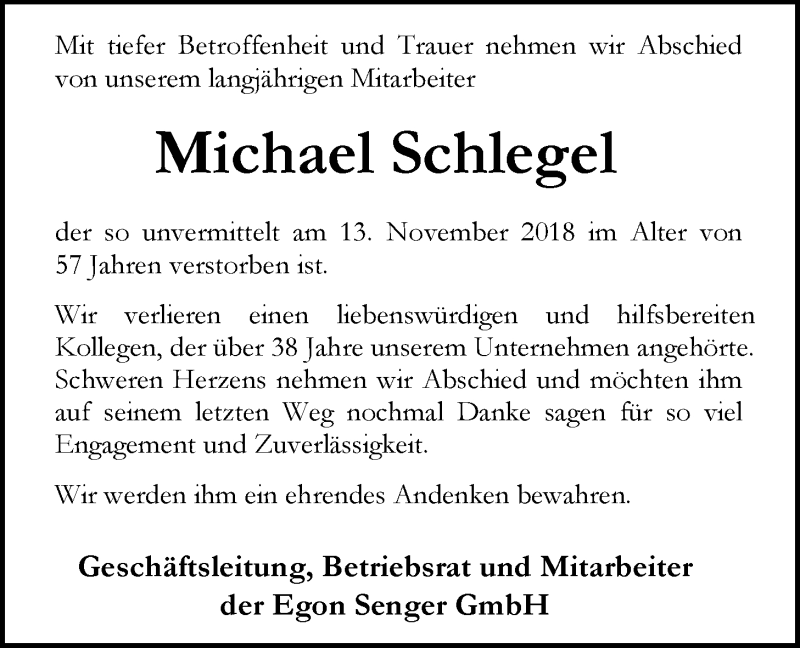  Traueranzeige für Michael Schlegel vom 17.11.2018 aus Nordwest-Zeitung