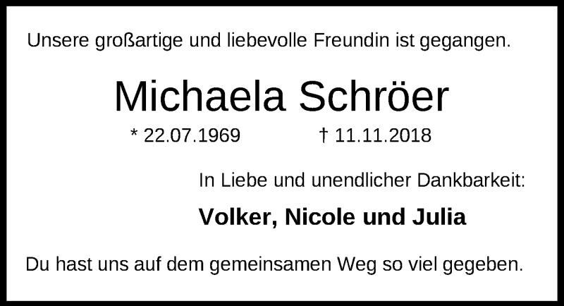  Traueranzeige für Michaela Schröer vom 14.11.2018 aus Nordwest-Zeitung