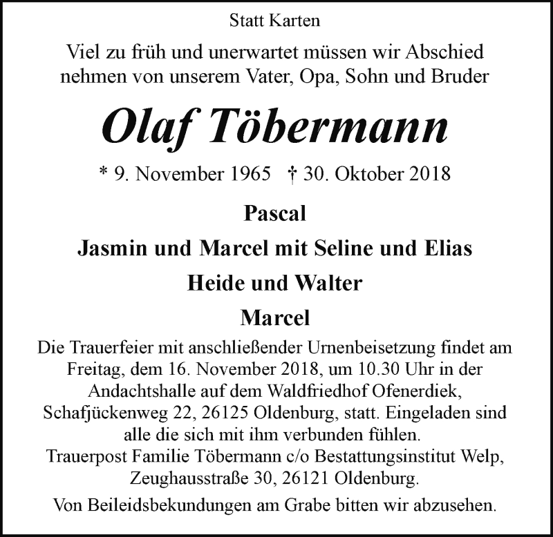  Traueranzeige für Olaf Töbermann vom 10.11.2018 aus Nordwest-Zeitung