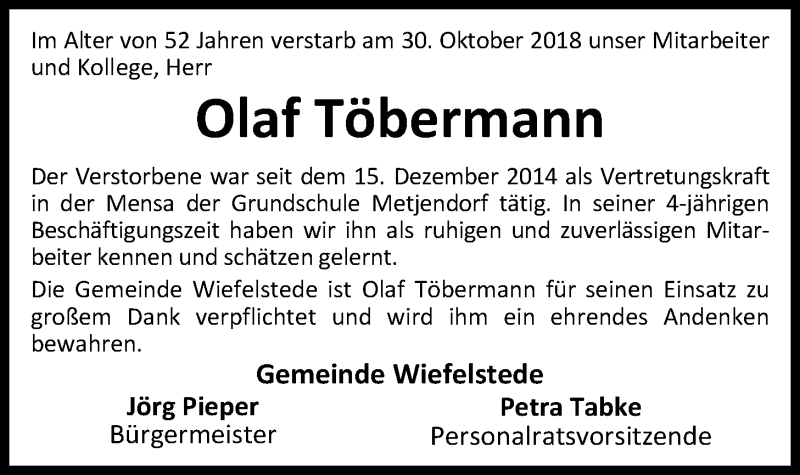  Traueranzeige für Olaf Töbermann vom 14.11.2018 aus Nordwest-Zeitung