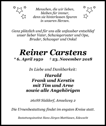 Traueranzeige von Reiner Carstens von Nordwest-Zeitung