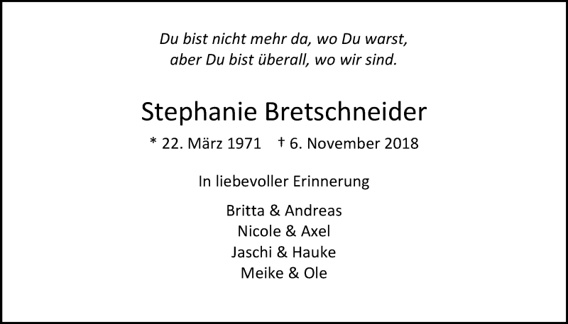  Traueranzeige für Stephanie Bretschneider vom 13.11.2018 aus Nordwest-Zeitung