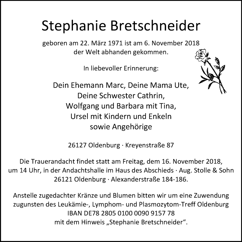  Traueranzeige für Stephanie Bretschneider vom 13.11.2018 aus Nordwest-Zeitung