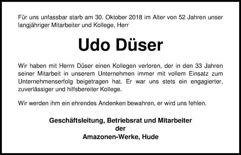  Traueranzeige für Udo Düser vom 08.11.2018 aus Nordwest-Zeitung
