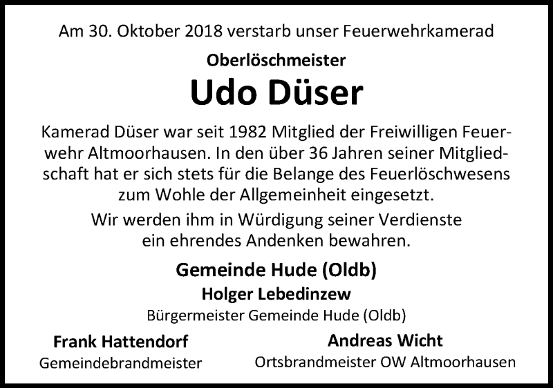  Traueranzeige für Udo Düser vom 08.11.2018 aus Nordwest-Zeitung