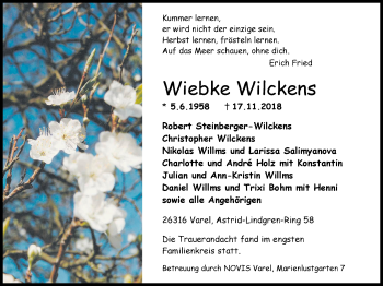 Traueranzeige von Wiebke Wilckens von Nordwest-Zeitung