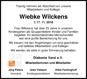 Traueranzeige von Wiebke Wilckens von Nordwest-Zeitung