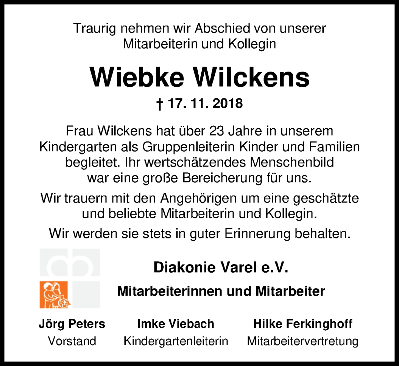  Traueranzeige für Wiebke Wilckens vom 24.11.2018 aus Nordwest-Zeitung