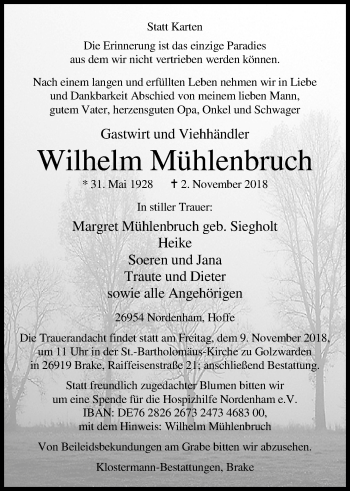 Traueranzeige von Wilhelm Mühlenbruch von Nordwest-Zeitung