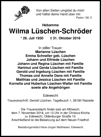 Traueranzeige von Wilma Lüschen-Schröder von Nordwest-Zeitung
