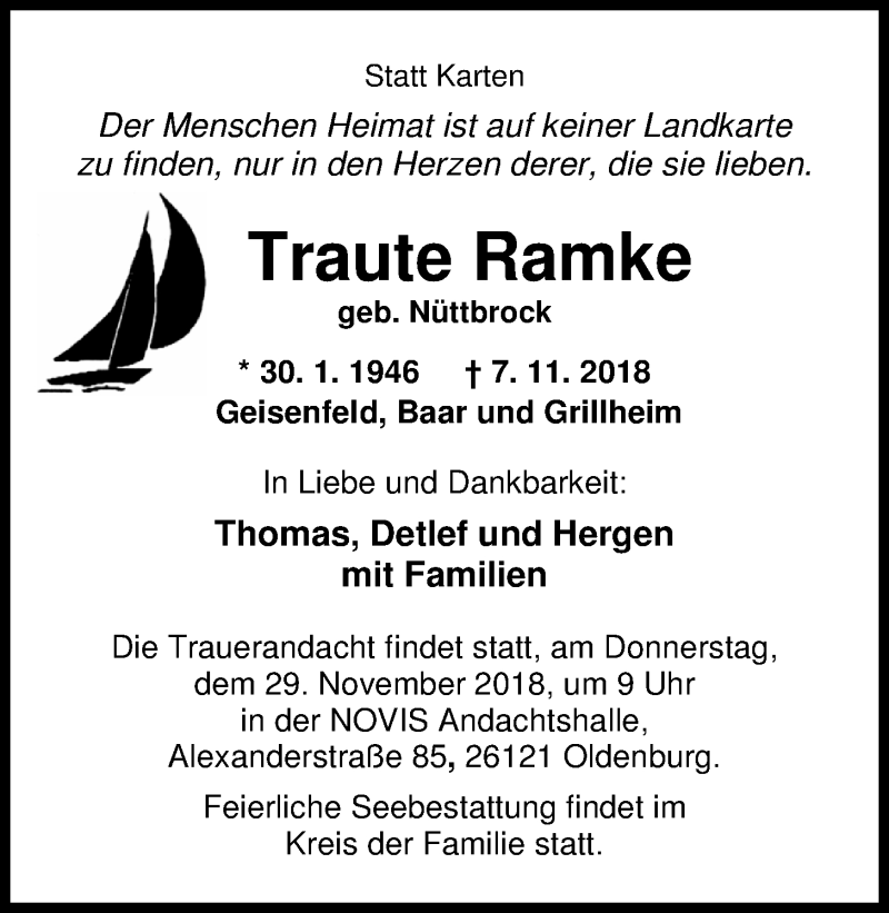  Traueranzeige für Traute Ramke vom 24.11.2018 aus Nordwest-Zeitung