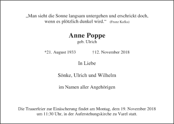 Traueranzeige von Anne Poppe 