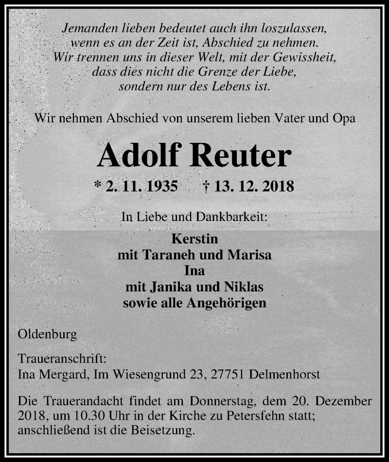  Traueranzeige für Adolf Reuter vom 17.12.2018 aus Nordwest-Zeitung