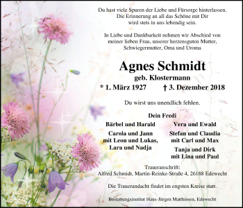 Traueranzeige von Agnes Schmidt von Nordwest-Zeitung