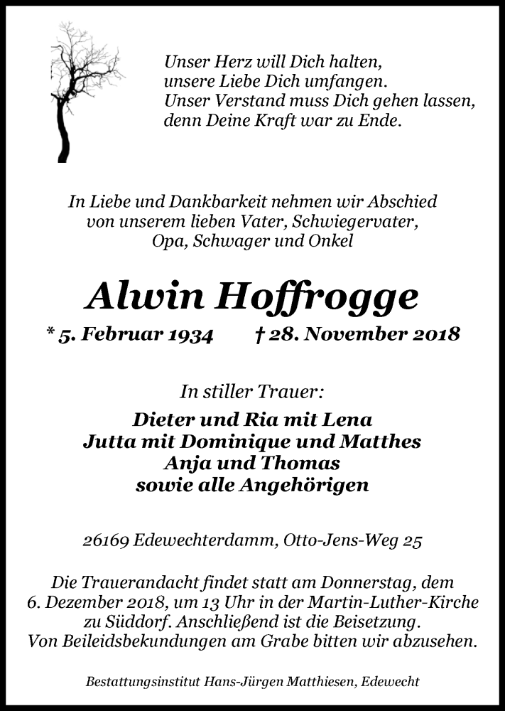  Traueranzeige für Alwin Hoffrogge vom 01.12.2018 aus Nordwest-Zeitung