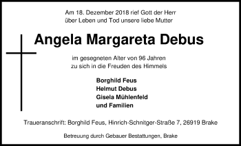 Traueranzeige von Angela Margareta Debus von Nordwest-Zeitung