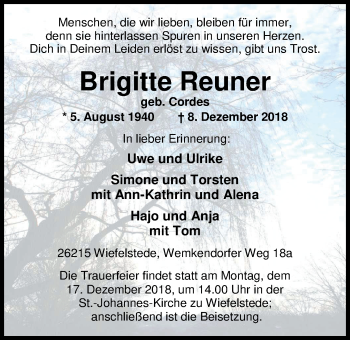 Traueranzeige von Brigitte Reuner von Nordwest-Zeitung