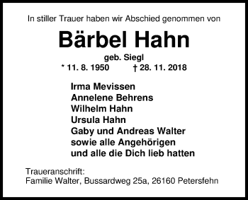 Traueranzeige von Bärbel Hahn von Nordwest-Zeitung