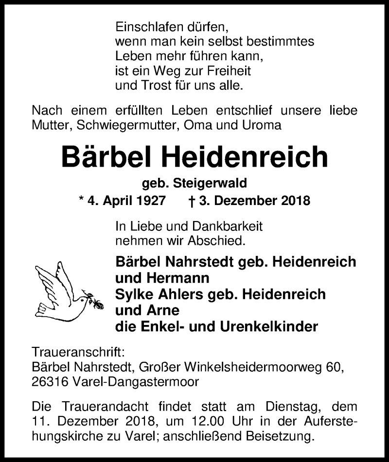  Traueranzeige für Bärbel Heidenreich vom 06.12.2018 aus Nordwest-Zeitung