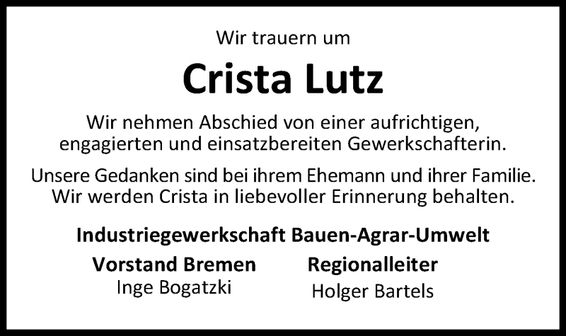  Traueranzeige für Crista Lutz vom 01.12.2018 aus Nordwest-Zeitung