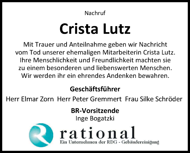  Traueranzeige für Crista Lutz vom 01.12.2018 aus Nordwest-Zeitung