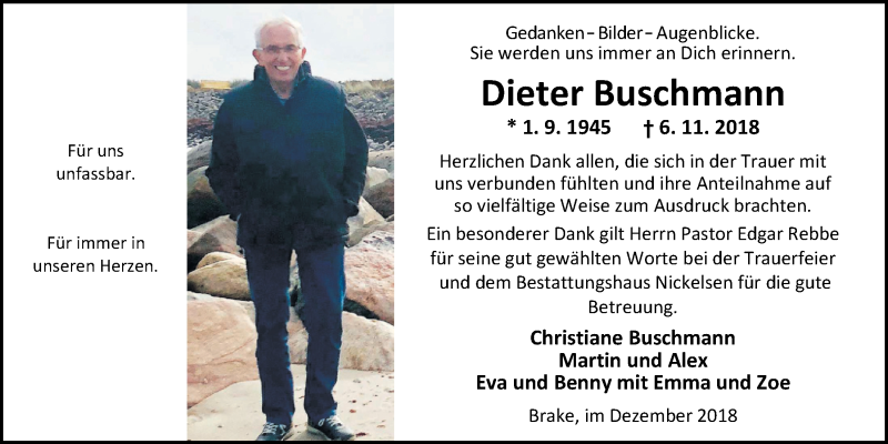  Traueranzeige für Dieter Buschmann vom 22.12.2018 aus Nordwest-Zeitung