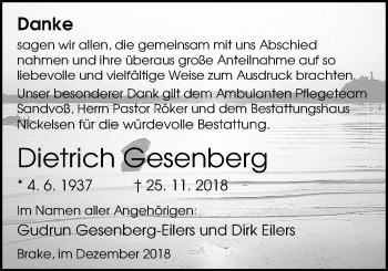 Traueranzeige von Dietrich Gesenberg von Nordwest-Zeitung
