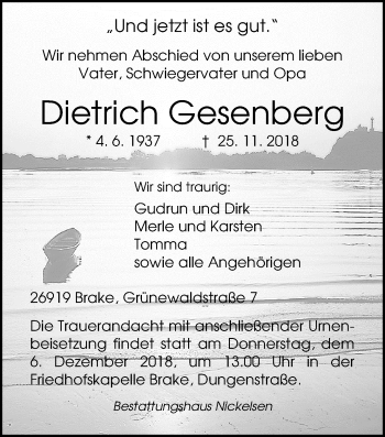 Traueranzeige von Dietrich Gesenberg von Nordwest-Zeitung