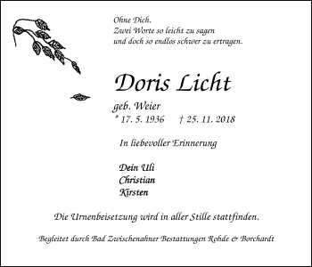 Traueranzeige von Doris Licht von Nordwest-Zeitung