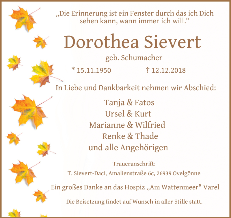  Traueranzeige für Dorothea Sievert vom 18.12.2018 aus Nordwest-Zeitung