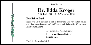 Traueranzeige von Dr. Edda Kröger von Nordwest-Zeitung