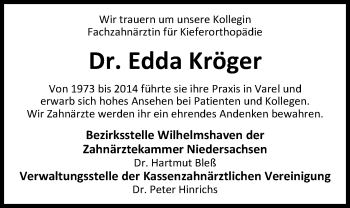 Traueranzeige von Dr. Edda Kröger von Nordwest-Zeitung