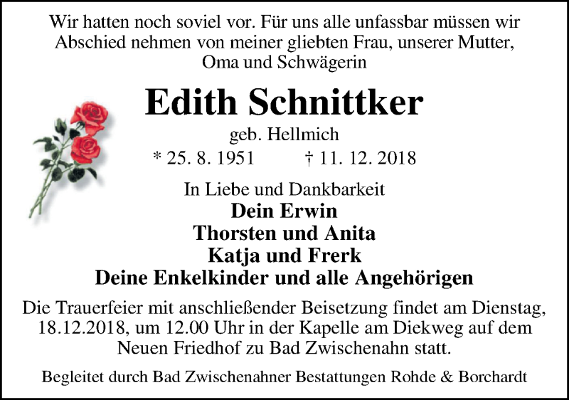  Traueranzeige für Edith Schnittker vom 14.12.2018 aus Nordwest-Zeitung