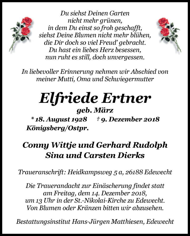  Traueranzeige für Elfriede Ertner vom 12.12.2018 aus Nordwest-Zeitung
