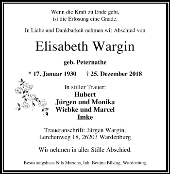 Traueranzeige von Elisabeth Wargin von Nordwest-Zeitung