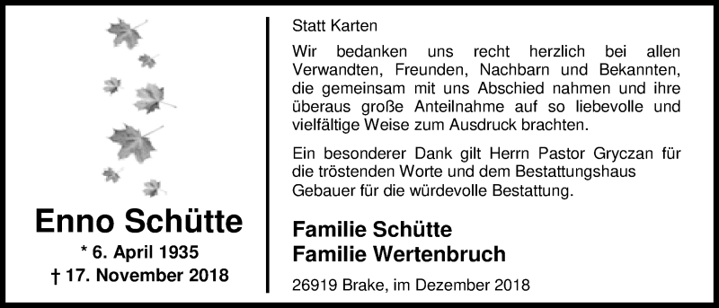  Traueranzeige für Enno Schütte vom 08.12.2018 aus Nordwest-Zeitung