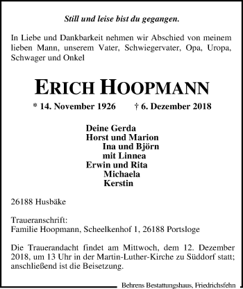 Traueranzeige von Erich Hoopmann von Nordwest-Zeitung