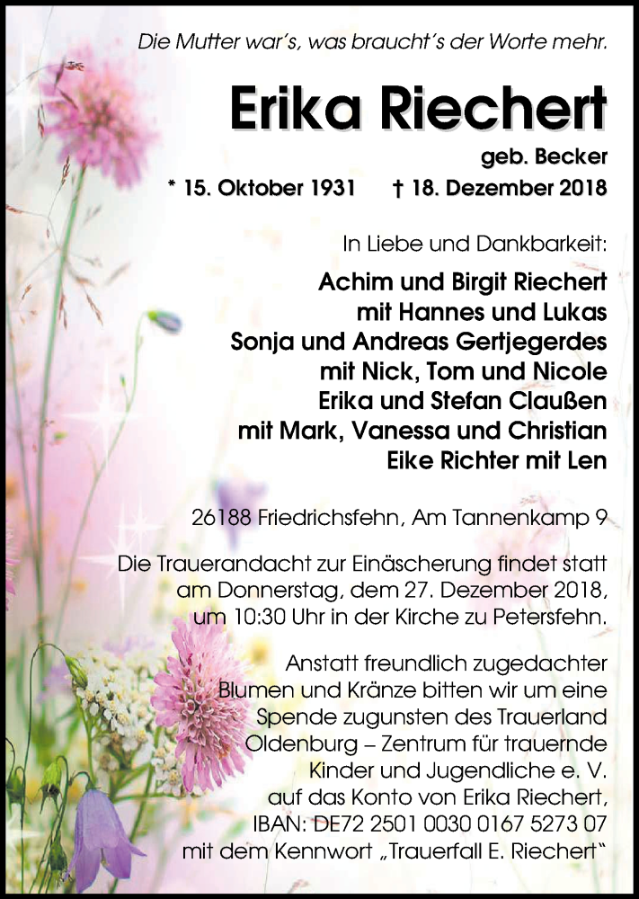  Traueranzeige für Erika Riechert vom 22.12.2018 aus Nordwest-Zeitung