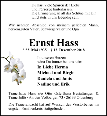 Traueranzeige von Ernst Hass von Nordwest-Zeitung