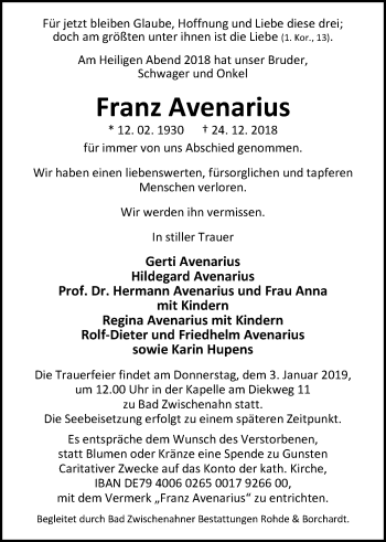 Traueranzeige von Franz Avenarius von Nordwest-Zeitung