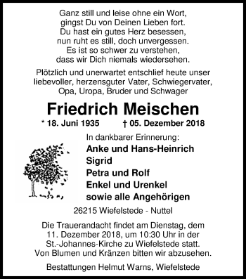 Traueranzeige von Friedrich Meischen von Nordwest-Zeitung