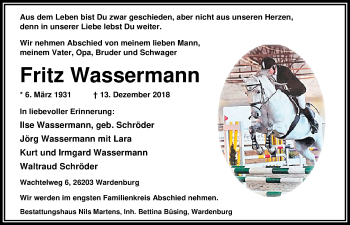Traueranzeige von Fritz Wassermann von Nordwest-Zeitung