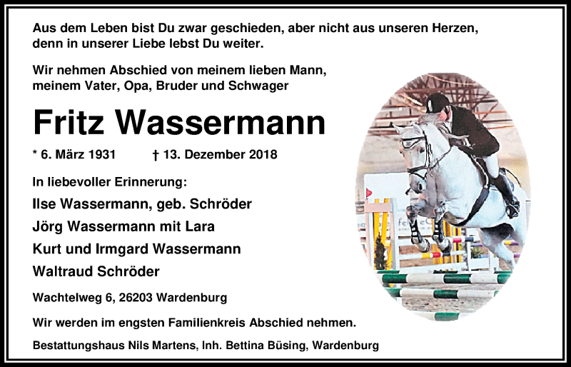  Traueranzeige für Fritz Wassermann vom 18.12.2018 aus Nordwest-Zeitung