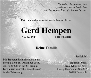 Traueranzeige von Gerd Hempen von Nordwest-Zeitung
