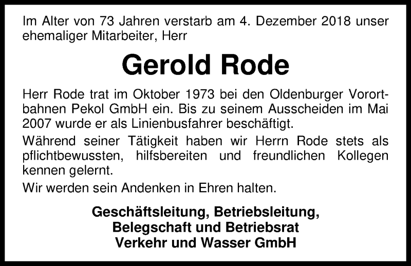  Traueranzeige für Gerold Rode vom 12.12.2018 aus Nordwest-Zeitung