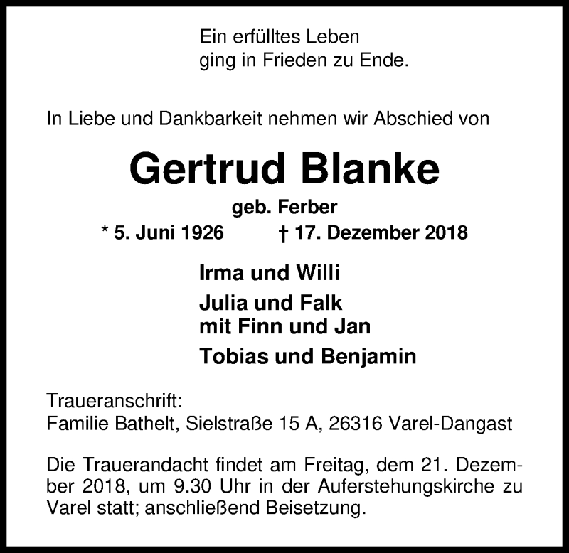  Traueranzeige für Gertrud Blanke vom 19.12.2018 aus Nordwest-Zeitung