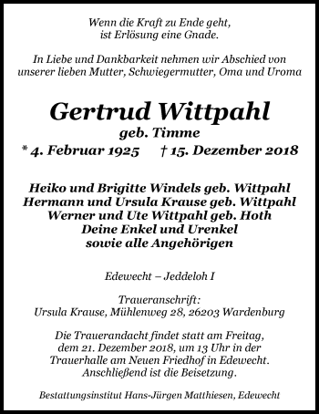 Traueranzeige von Gertrud Wittpahl von Nordwest-Zeitung