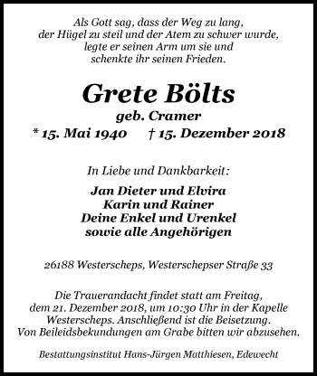 Traueranzeige von Grete Bölts von Nordwest-Zeitung