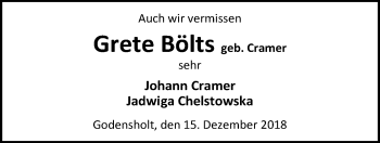 Traueranzeige von Grete Bölts von Nordwest-Zeitung